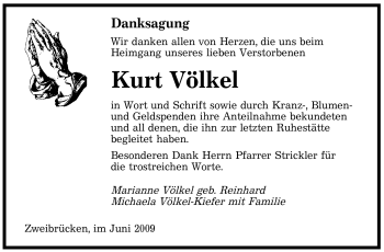 Todesanzeige von Kurt Völkel von SAARBRÜCKER ZEITUNG