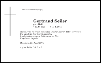 Todesanzeige von Gertraud Seiler von saarbruecker_zeitung