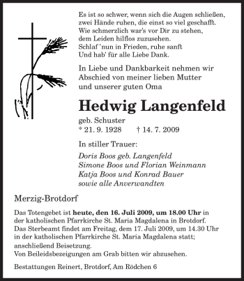 Todesanzeige von Hedwig Langenfeld von SAARBRÜCKER ZEITUNG