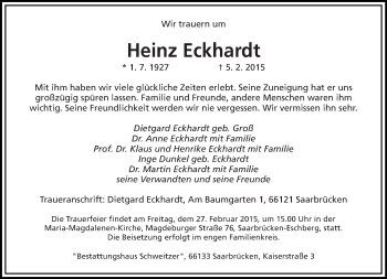 Todesanzeige von Heinz Eckhardt von saarbruecker_zeitung