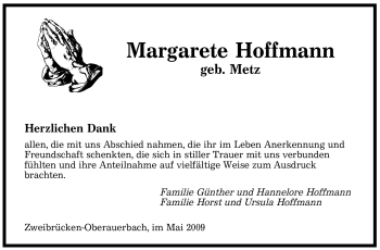 Todesanzeige von Margarete Hoffmann von SAARBRÜCKER ZEITUNG