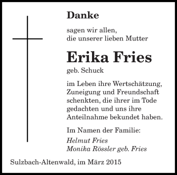 Todesanzeige von Erika Fries von saarbruecker_zeitung