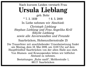 Todesanzeige von Ursula Lieblang von SAARBRÜCKER ZEITUNG