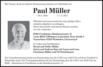 Todesanzeige von Paul Müller von SAARBRÜCKER ZEITUNG