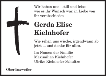 Todesanzeige von Gerda Elise Kielnhofer von SAARBRÜCKER ZEITUNG