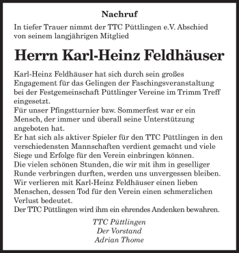 Todesanzeige von Karl-Heinz Feldhäuser von SAARBRÜCKER ZEITUNG