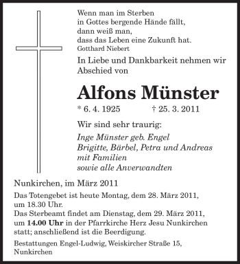 Todesanzeige von Alfons Münster von SAARBRÜCKER ZEITUNG