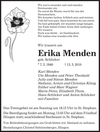 Todesanzeige von Erika Menden von SAARBRÜCKER ZEITUNG