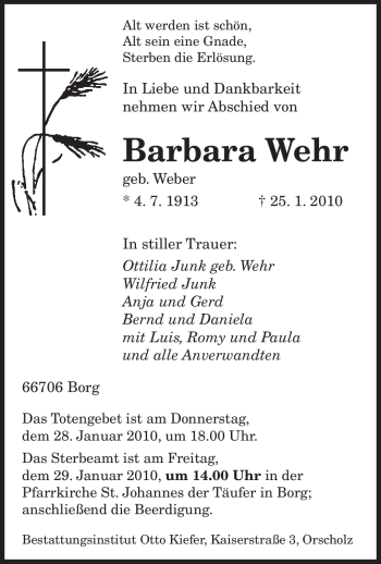 Todesanzeige von Barbara Wehr von SAARBRÜCKER ZEITUNG