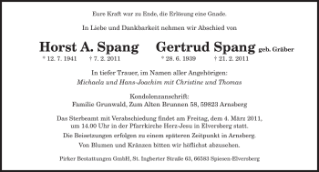 Todesanzeige von Horst A. Spang von SAARBRÜCKER ZEITUNG