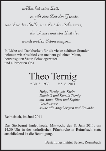 Todesanzeige von Theo Ternig von SAARBRÜCKER ZEITUNG