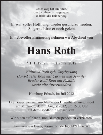 Todesanzeige von Hans Roth von SAARBRÜCKER ZEITUNG