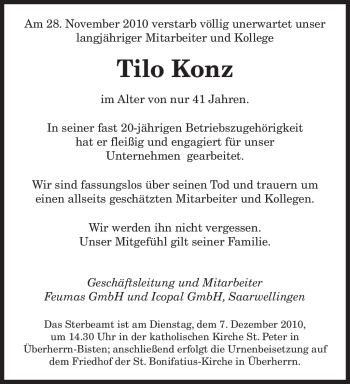 Todesanzeige von Tilo Konz von SAARBRÜCKER ZEITUNG