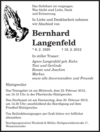 Todesanzeige von Bernhard Langenfeld von SAARBRÜCKER ZEITUNG