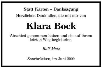 Todesanzeige von Klara Bock von SAARBRÜCKER ZEITUNG