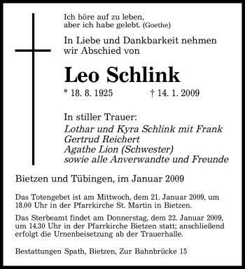Todesanzeige von Leo Schlink von SAARBRÜCKER ZEITUNG