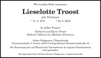 Todesanzeige von Lieselotte Troost von SAARBRÜCKER ZEITUNG