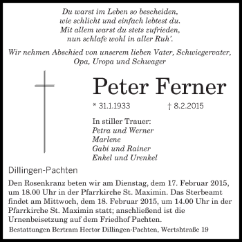 Todesanzeige von Peter Ferner von saarbruecker_zeitung