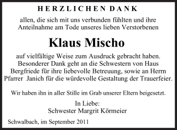 Todesanzeige von Klaus Mischo von SAARBRÜCKER ZEITUNG