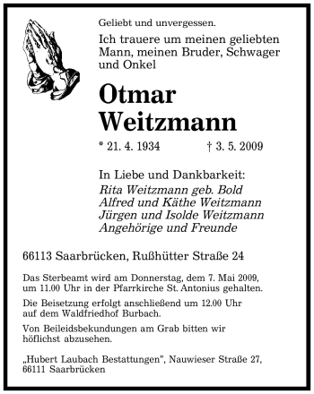 Todesanzeige von Otmar Weitzmann von SAARBRÜCKER ZEITUNG