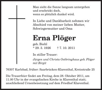 Todesanzeige von Erna Plöger von SAARBRÜCKER ZEITUNG
