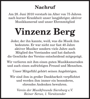 Todesanzeige von Vinzenz Berg von SAARBRÜCKER ZEITUNG