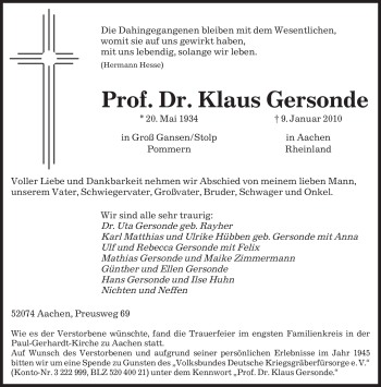Todesanzeige von Klaus Gersonde von SAARBRÜCKER ZEITUNG
