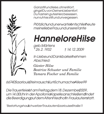 Todesanzeige von Hannelore Hilse von SAARBRÜCKER ZEITUNG