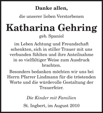 Todesanzeige von Katharina Gehring von SAARBRÜCKER ZEITUNG