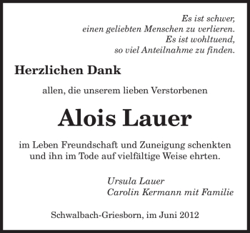 Todesanzeige von Alois Lauer von SAARBRÜCKER ZEITUNG