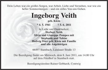 Todesanzeige von Ingeborg Veith von SAARBRÜCKER ZEITUNG