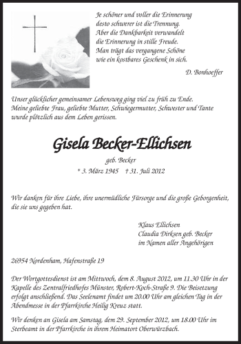 Todesanzeige von Gisela Becker-Ellichsen von SAARBRÜCKER ZEITUNG