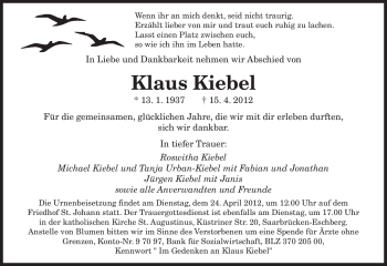 Todesanzeige von Klaus Kiebel von SAARBRÜCKER ZEITUNG