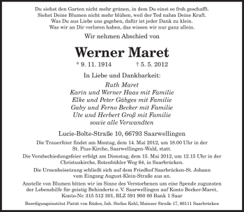 Todesanzeige von Werner Maret von SAARBRÜCKER ZEITUNG