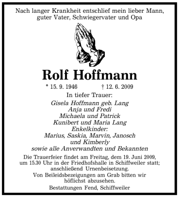 Todesanzeige von Rolf Hoffmann von SAARBRÜCKER ZEITUNG