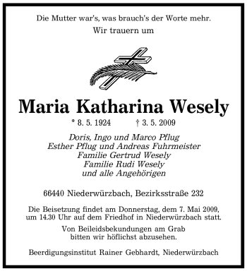 Todesanzeige von Maria Katharina Wesely von SAARBRÜCKER ZEITUNG