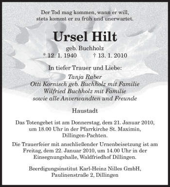 Todesanzeige von Ursel Hilt von SAARBRÜCKER ZEITUNG