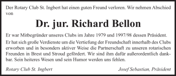 Todesanzeige von Richard Bellon von SAARBRÜCKER ZEITUNG
