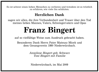 Todesanzeige von Franz Bingert von SAARBRÜCKER ZEITUNG