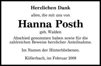 Todesanzeige von Hanna Posth von SAARBRÜCKER ZEITUNG