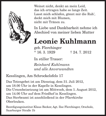 Todesanzeige von Leonie Kuhlmann von SAARBRÜCKER ZEITUNG
