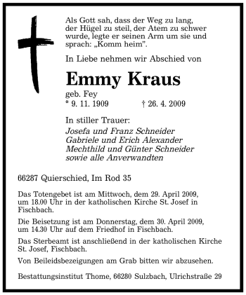Todesanzeige von Emmy Kraus von SAARBRÜCKER ZEITUNG