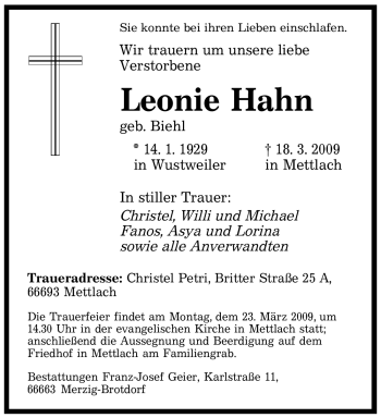 Todesanzeige von Leonie Hahn von SAARBRÜCKER ZEITUNG