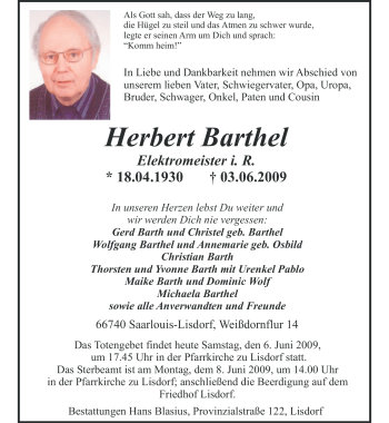 Todesanzeige von Herbert Barthel von SAARBRÜCKER ZEITUNG