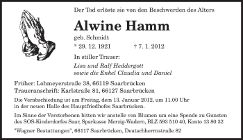Todesanzeige von Alwine Hamm von SAARBRÜCKER ZEITUNG