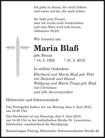 Todesanzeige von Maria Blaß von SAARBRÜCKER ZEITUNG