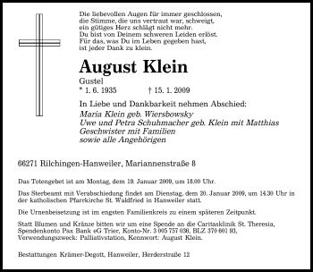 Todesanzeige von August Klein von SAARBRÜCKER ZEITUNG