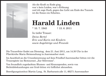 Todesanzeige von Harald Linden von SAARBRÜCKER ZEITUNG