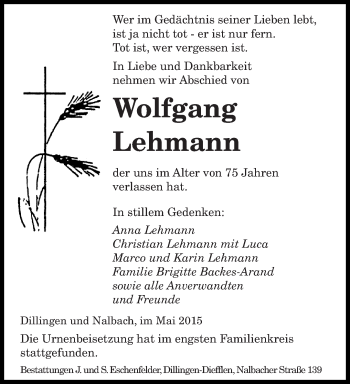 Todesanzeige von Wolfgang Lehmann von saarbruecker_zeitung