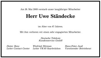 Todesanzeige von Uwe Ständecke von SAARBRÜCKER ZEITUNG